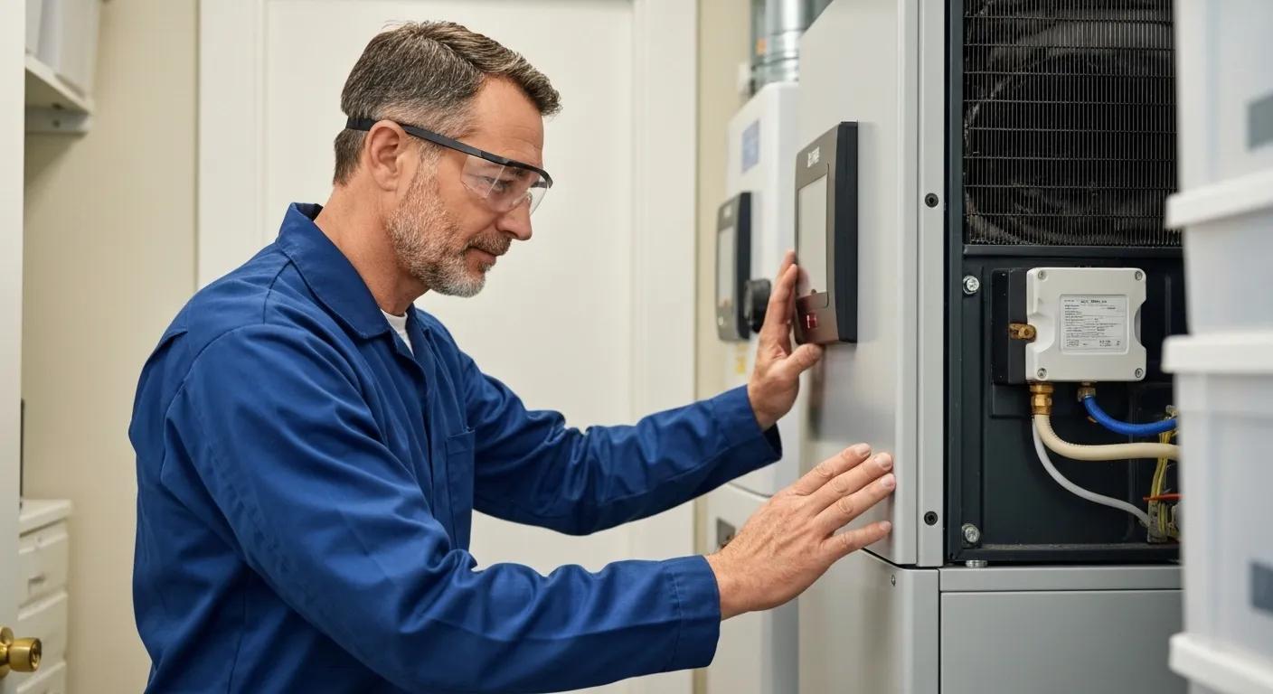 HVAC technician examining a well-maintained heating and cooling system in a home