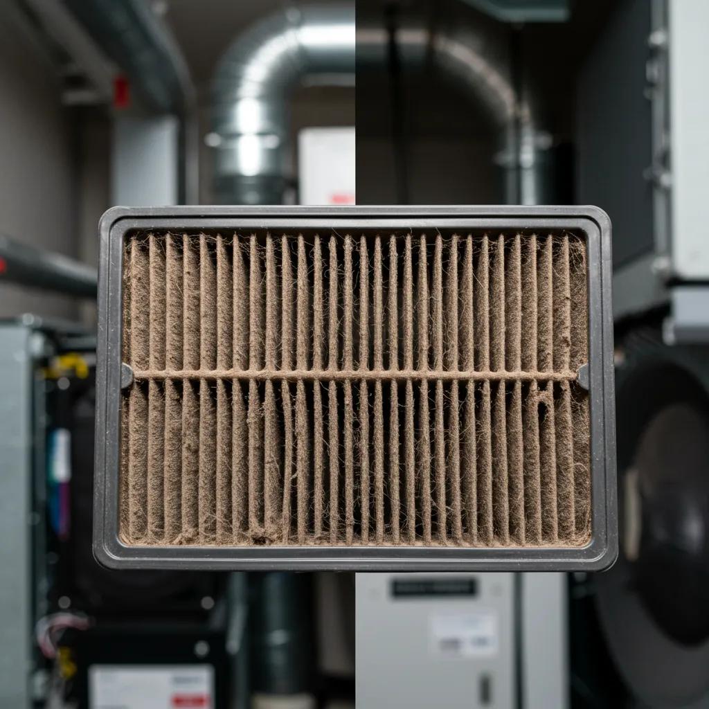 Comparison of a dirty air filter and a clean air filter highlighting HVAC maintenance