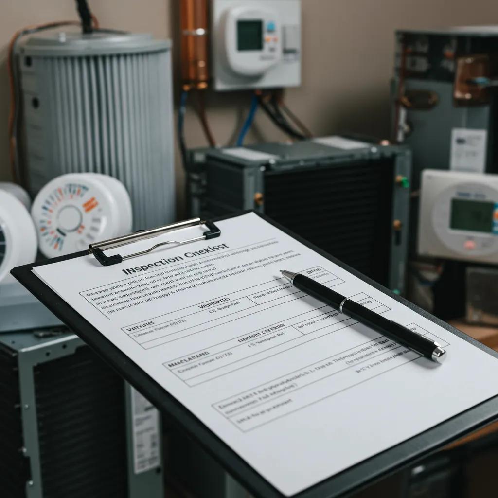 HVAC inspection checklist with various components in the background
