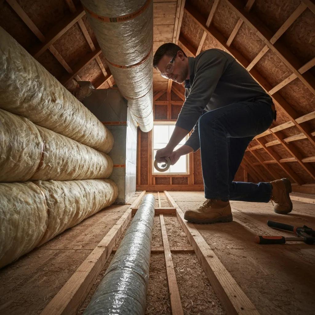 Technician applying sealant to ducts to improve home heating efficiency
